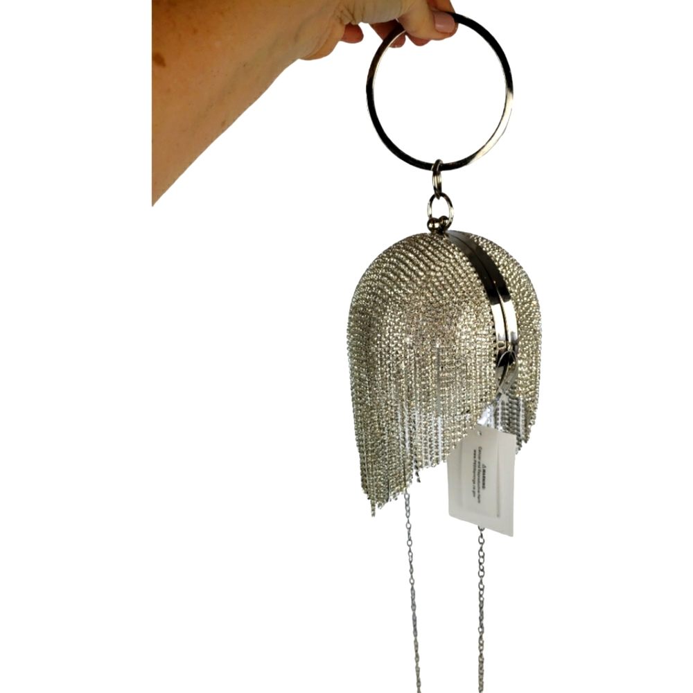 Crystal Ball Fringed Evening Clutch Purse Tassel in Silver